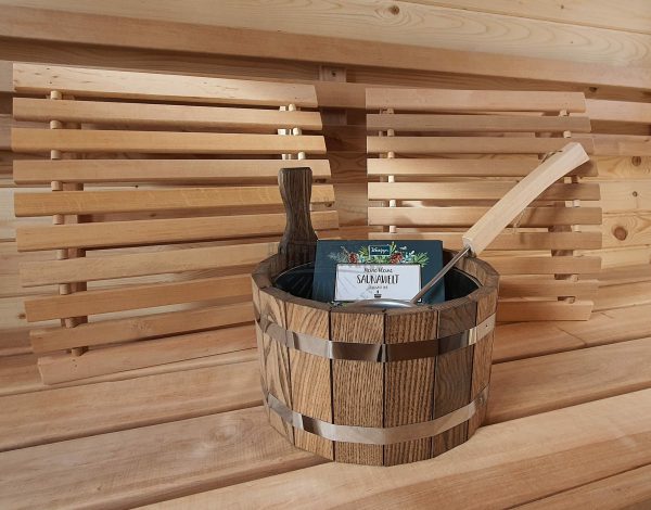 Sauna Starterset von Hitzetransporter mit Kopfstütze, Aufgusseimer, Kelle und Aufgussdüfteset