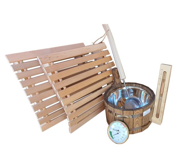 Sauna Starterset von Hitzetransporter mit 2 Kopfstützen, Aufgusseimer, Schöpfkelle, Sanduhr und Hygrothermomenter
